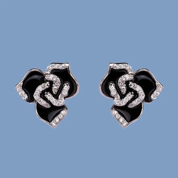 Sterling Silver Black Flower Enamel Drip Rhinestone Earrings Womens New - Picture 3 of 6